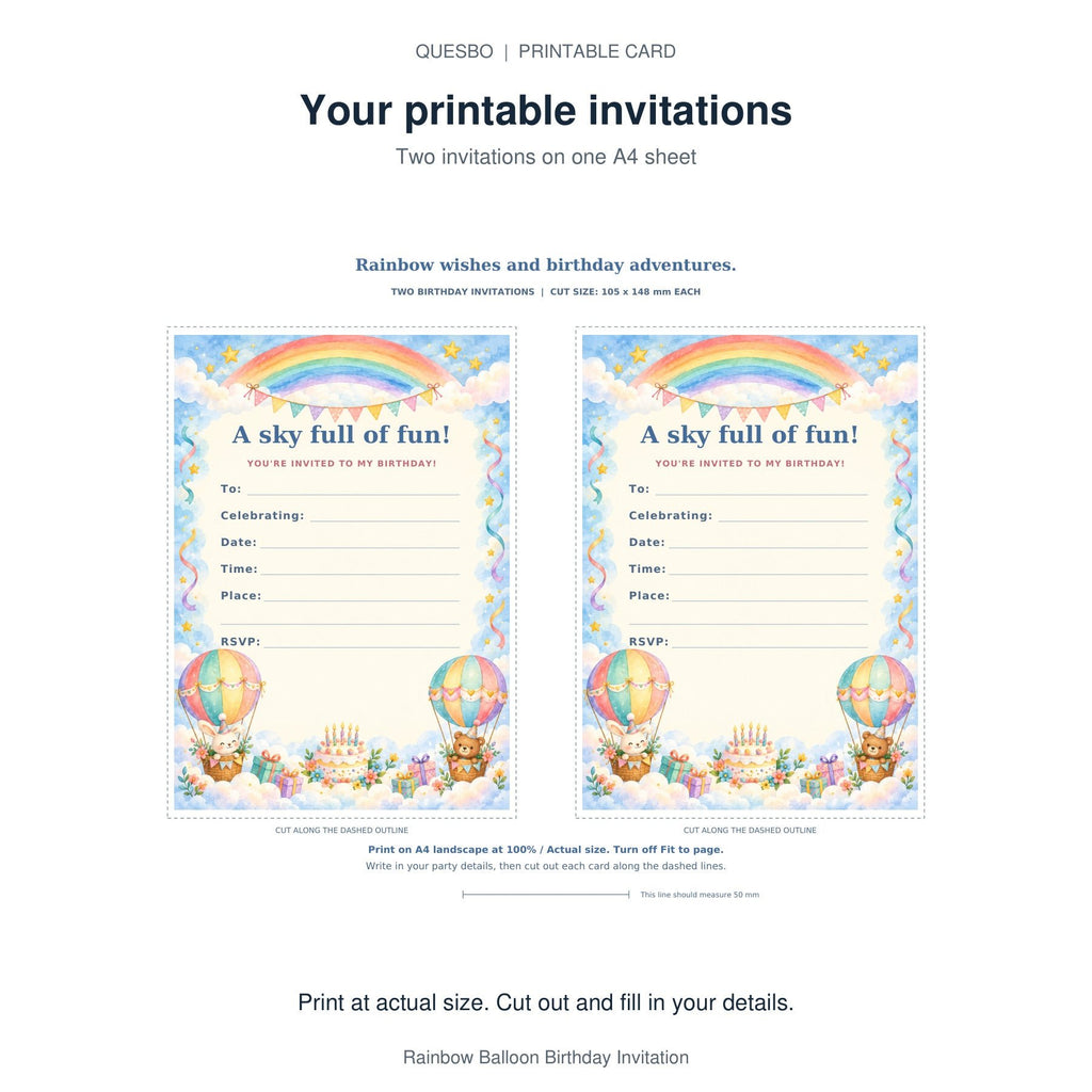 PDF print layout for Rainbow Balloon Birthday Invitation, showing two invitations and the wording and blank event-detail fields.