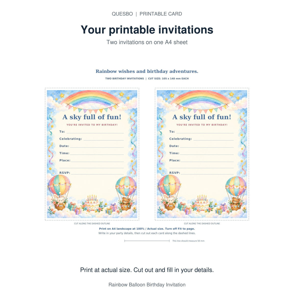 PDF print layout for Rainbow Balloon Birthday Invitation, showing two invitations and the wording and blank event-detail fields.