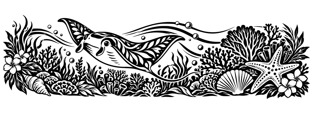 Rainbow Manta Reef: black-and-white panoramic laser engraving artwork, design only.