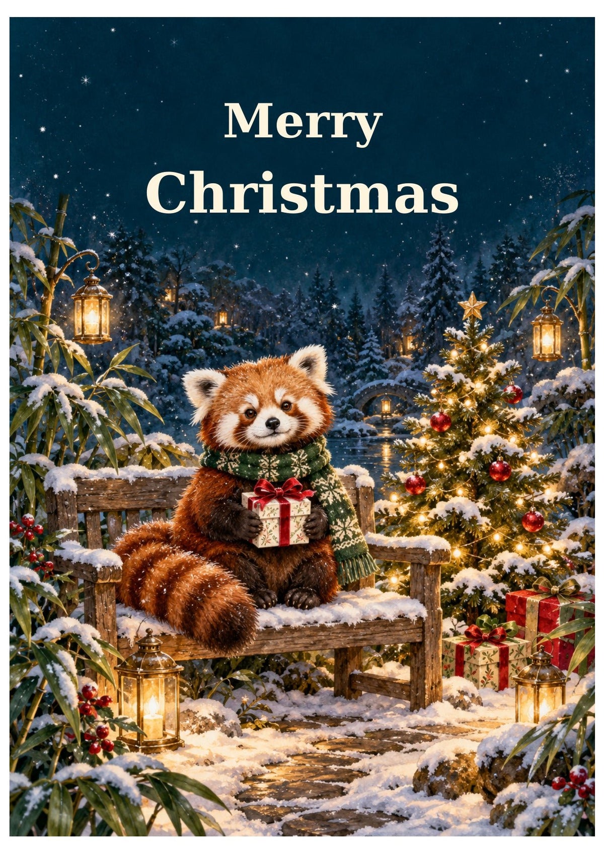 Red panda holding a present on a snowy bench beside a Christmas tree, with Merry Christmas lettering.