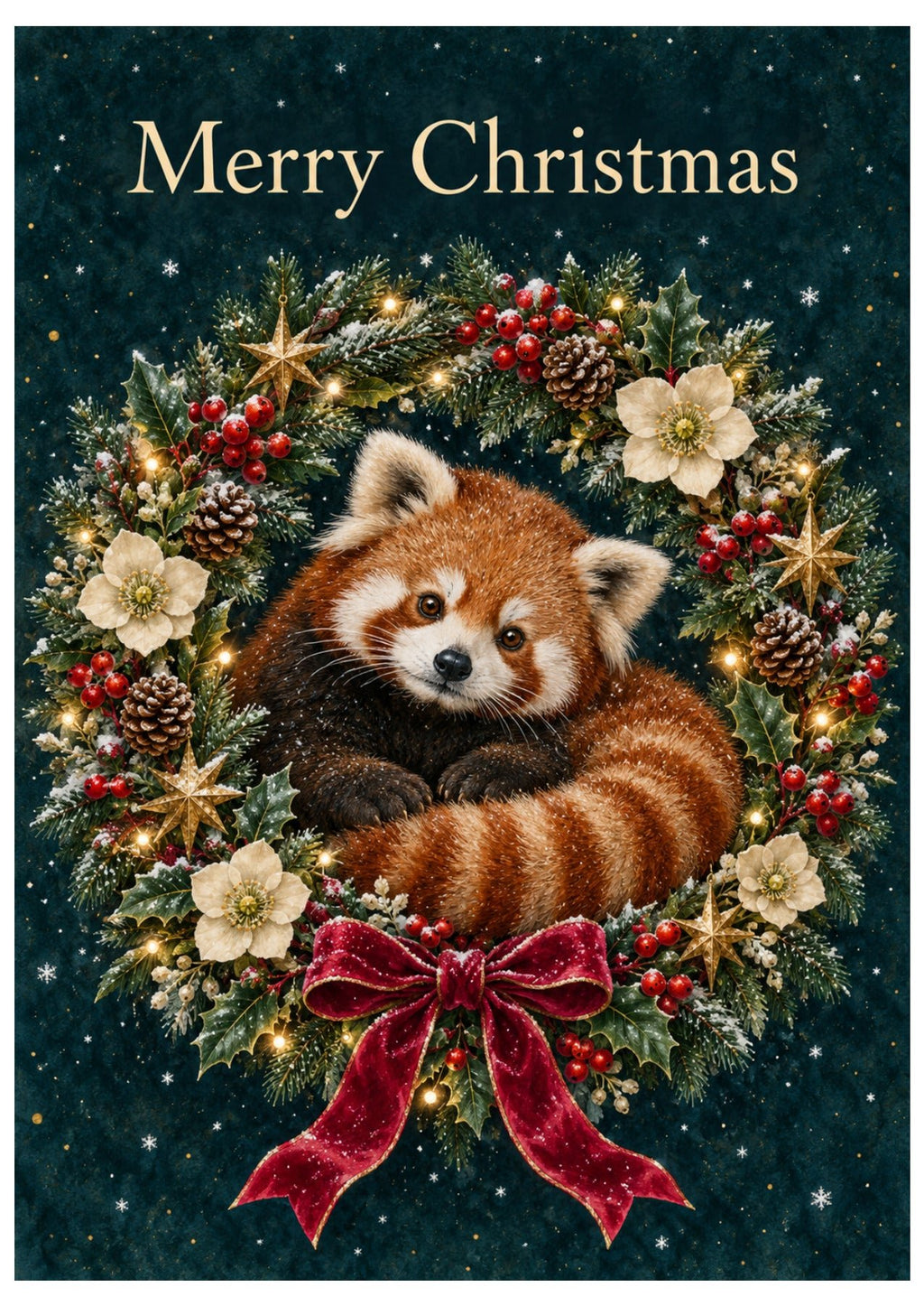 Red panda and wreath themed Christmas card front.