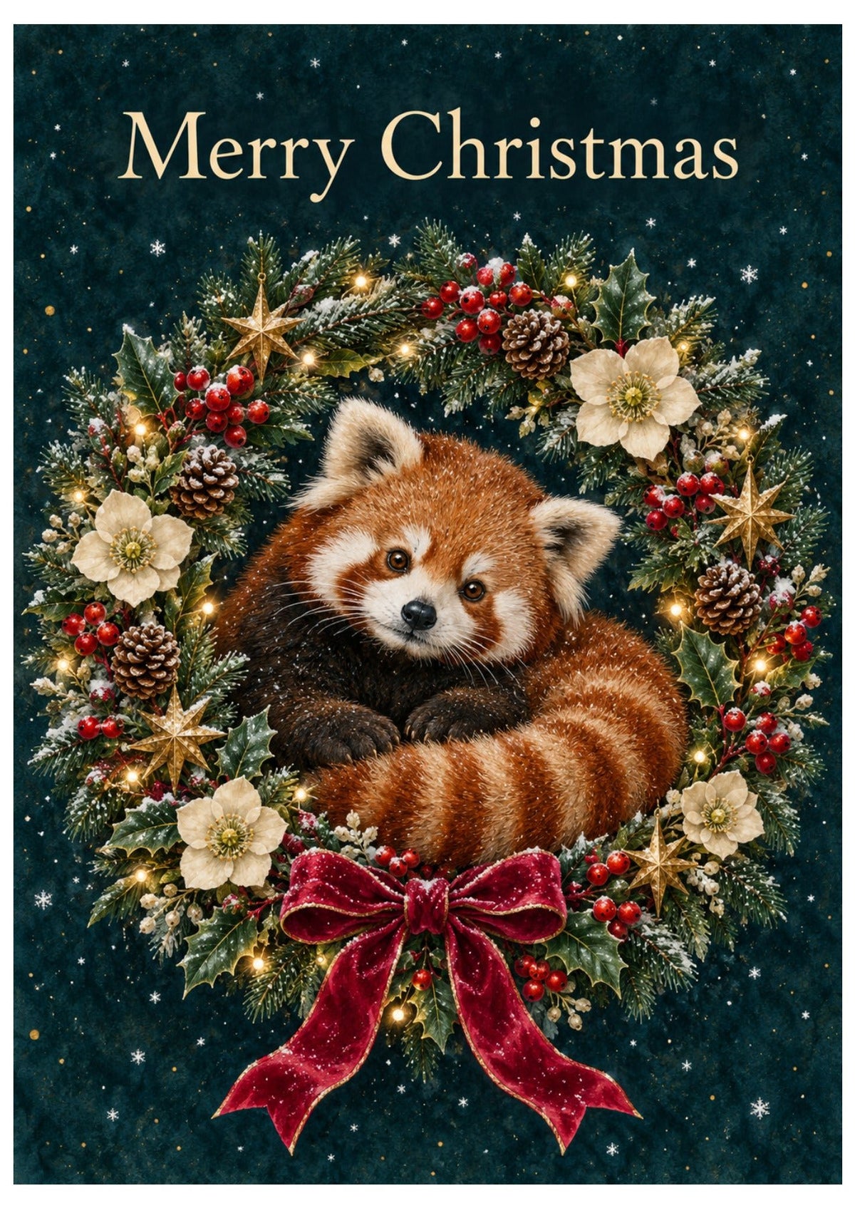 Red panda and wreath themed Christmas card front.