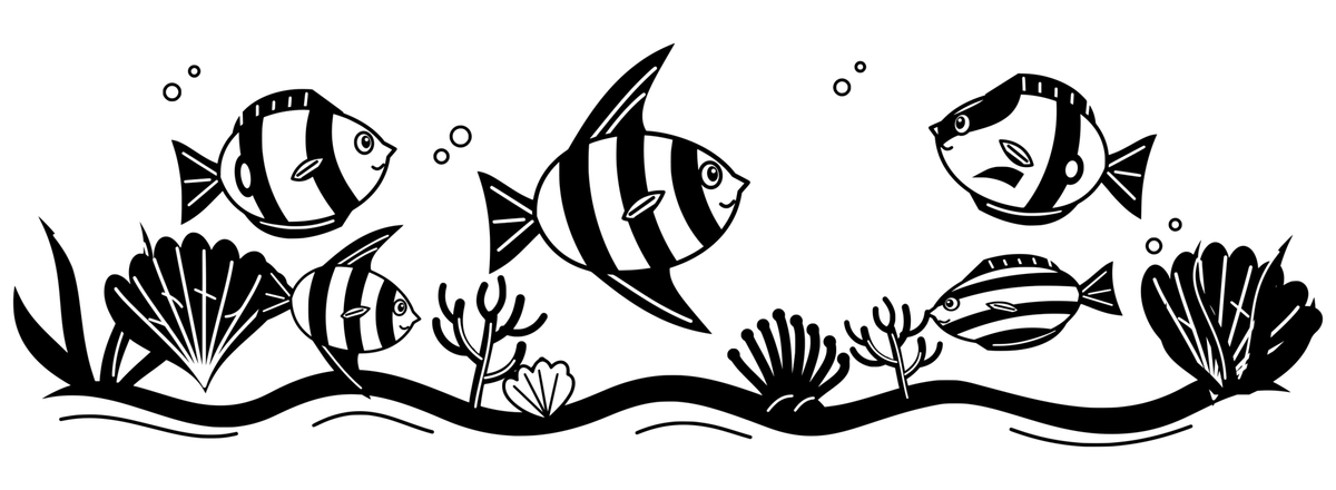 Reef Fish Carnival: black-and-white panoramic engraving design. Ornamental fish, coral fans, anemones and sea grasses.
