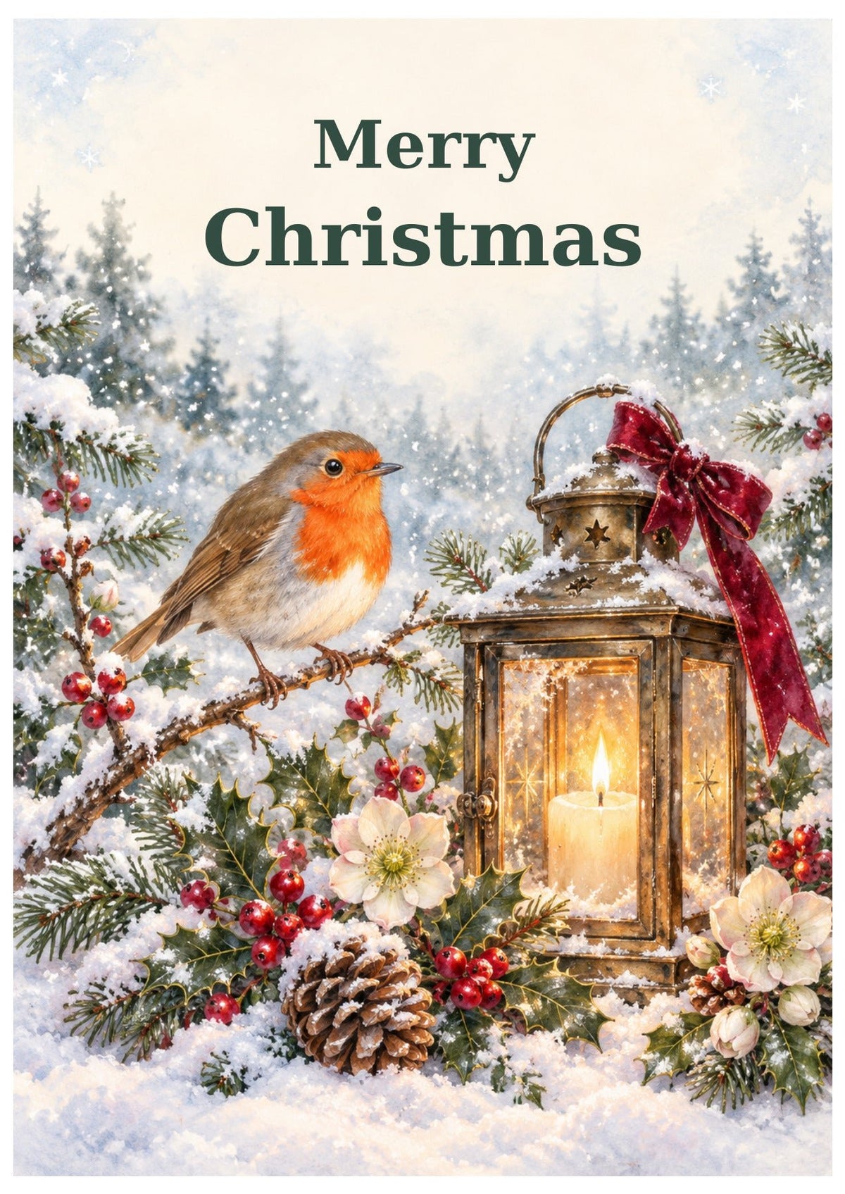 Robin beside a glowing lantern among snowy greenery and berries, with Merry Christmas lettering.