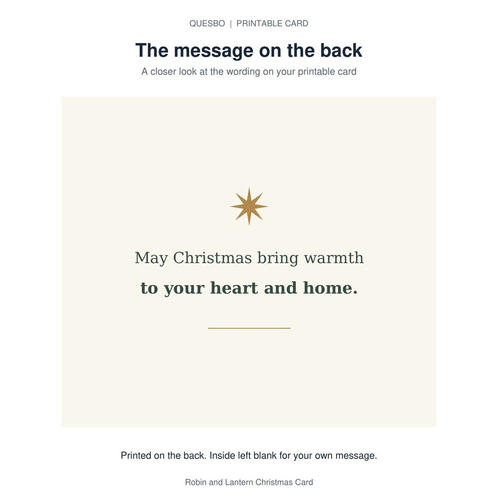 Printed message on the back of the PDF card: May Christmas bring warmth to your heart and home. The inside is blank for your own handwritten message.