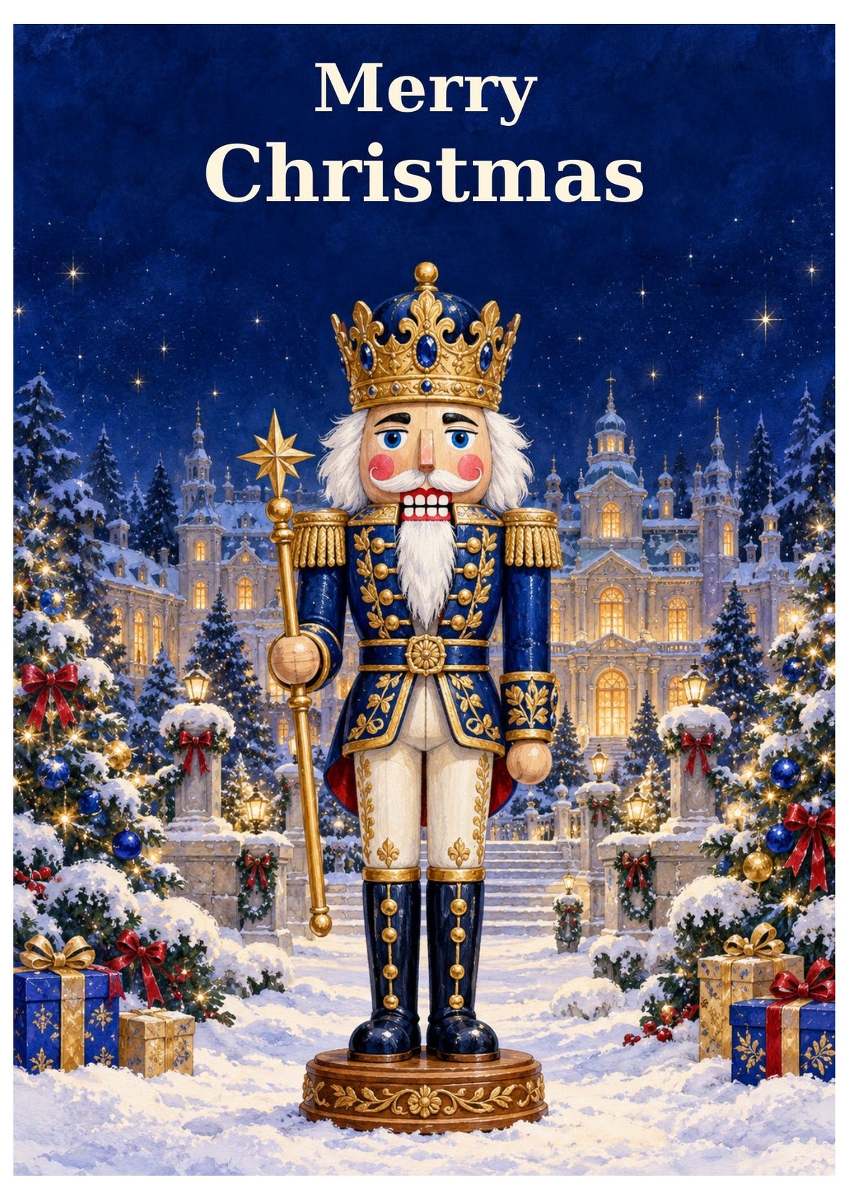 Royal blue nutcracker Christmas card with Merry Christmas lettering.
