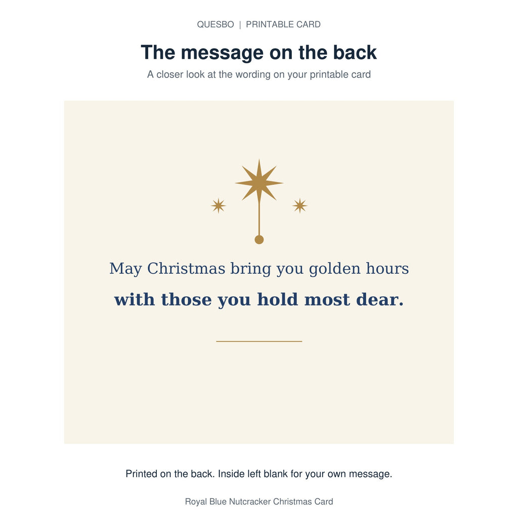 Printed message on the back of the PDF card: May Christmas bring you golden hours with those you hold most dear. The inside is blank for your own handwritten message.