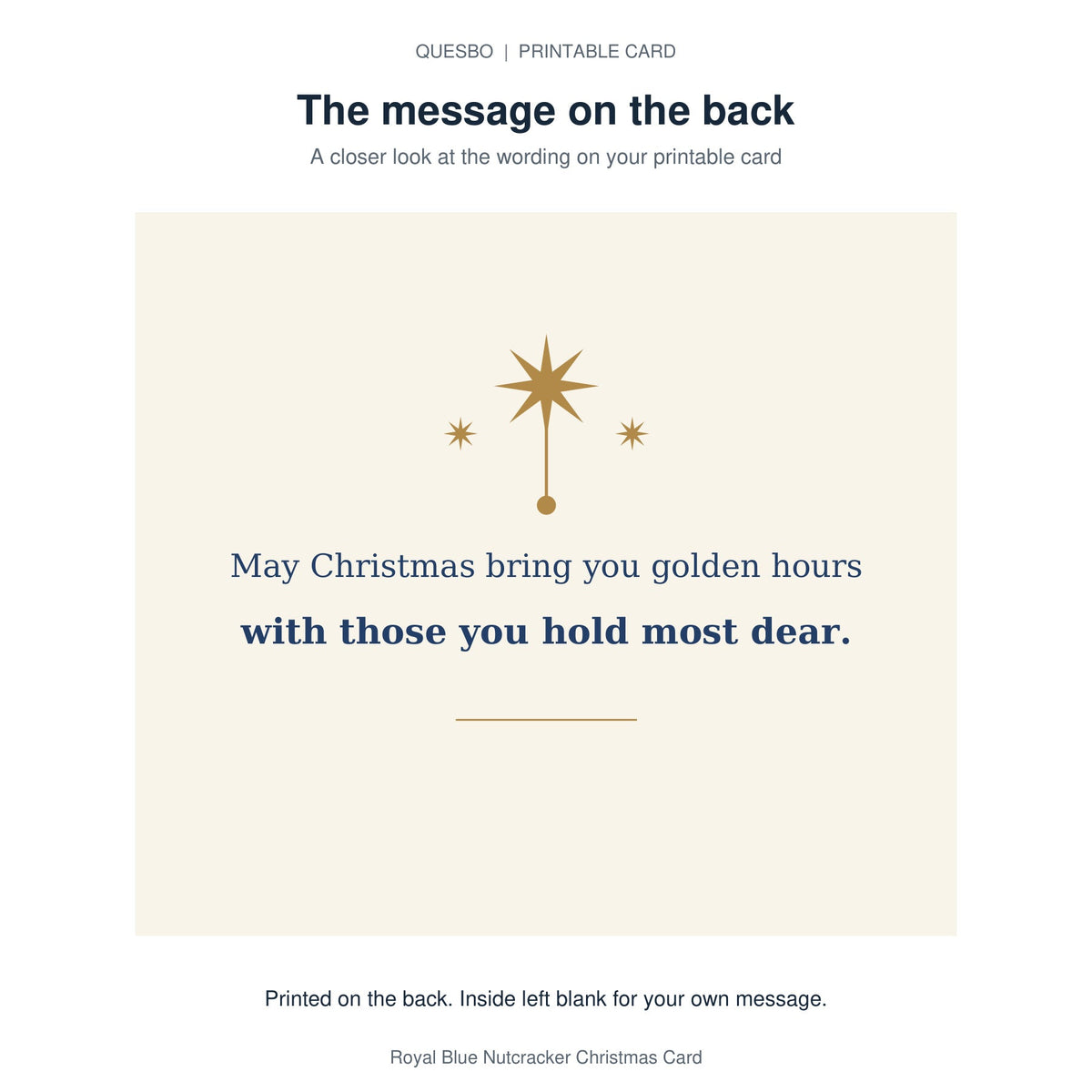 Printed message on the back of the PDF card: May Christmas bring you golden hours with those you hold most dear. The inside is blank for your own handwritten message.