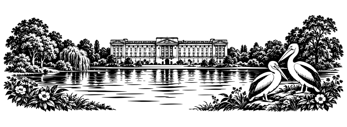 Royal London Gardens: black-and-white panoramic laser engraving artwork, design only.
