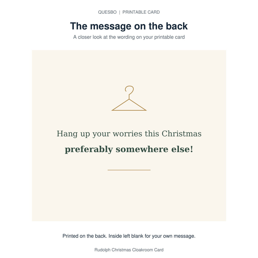 Printed message on the back of the PDF card: Hang up your worries this Christmas preferably somewhere else! The inside is blank for your own handwritten message.