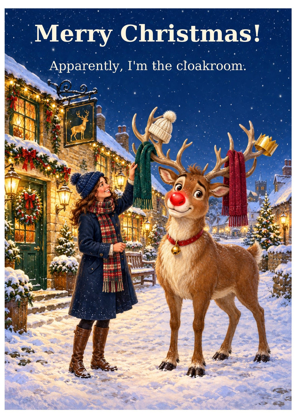 Rudolph Christmas cloakroom card with “Merry Christmas!” and “Apparently, I’m the cloakroom.”