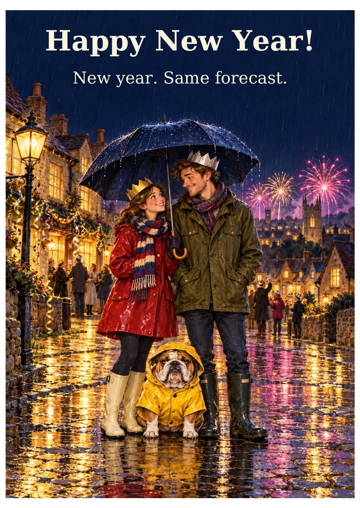 British weather themed New Year card with “Happy New Year!” and “New year. Same forecast.”