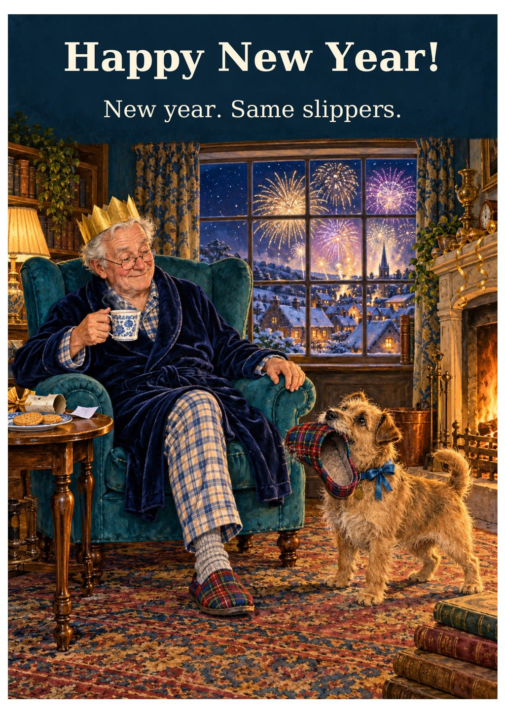 Slippers themed New Year card with “Happy New Year!” and “New year. Same slippers.”
