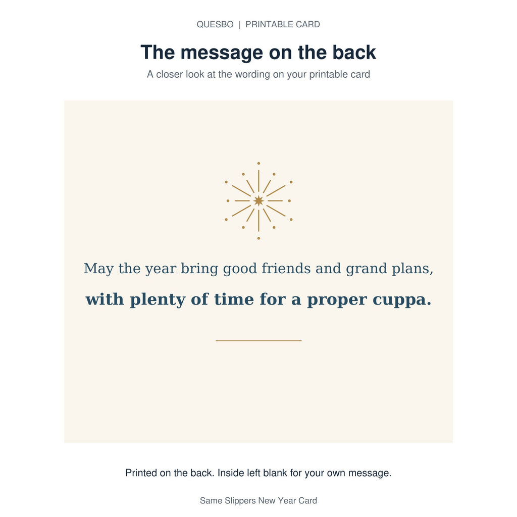 Printed message on the back of the PDF card: May the year bring good friends and grand plans, with plenty of time for a proper cuppa. The inside is blank for your own handwritten message.
