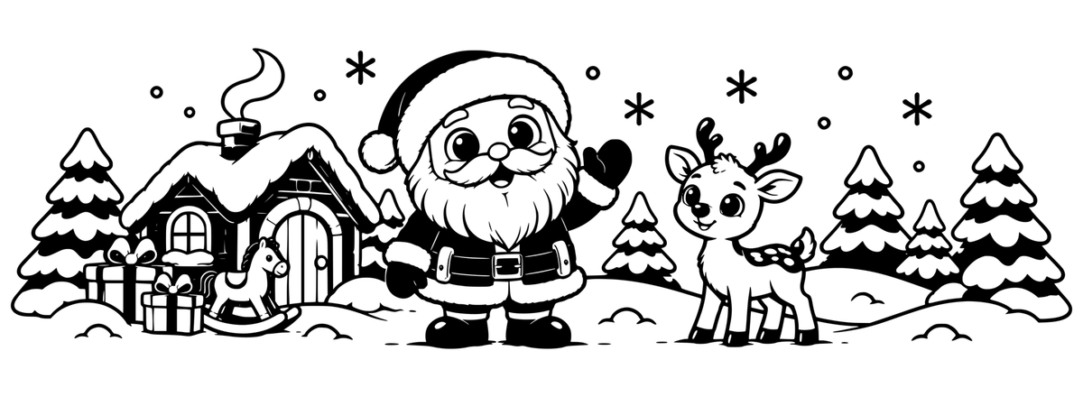 Santa's Snowy Workshop — flat black-and-white 360-degree laser engraving artwork. A cheerful round Santa and a little reindeer share a snowy toy-workshop scene.
