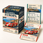 Scuderia Europa card game box with Strada P70 racing car and Italian Riviera stage cards on a cream background.