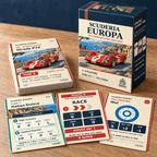 Scuderia Europa card game box and Strada P70 deck with Italian Riviera, Race and Wet tyre cards on a wooden table.