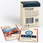 Back of the Scuderia Europa card game box beside Strada P70 racing car and Wet tyre cards on white.