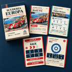 Scuderia Europa card game box beside Strada P70, Italian Riviera, Race and Wet tyre cards on dark blue.