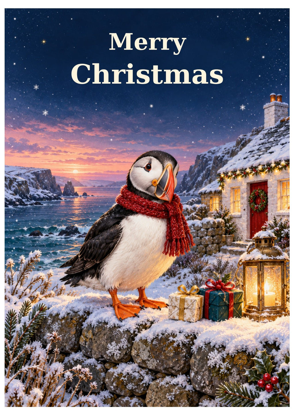 Seaside puffin Christmas card with Merry Christmas lettering.
