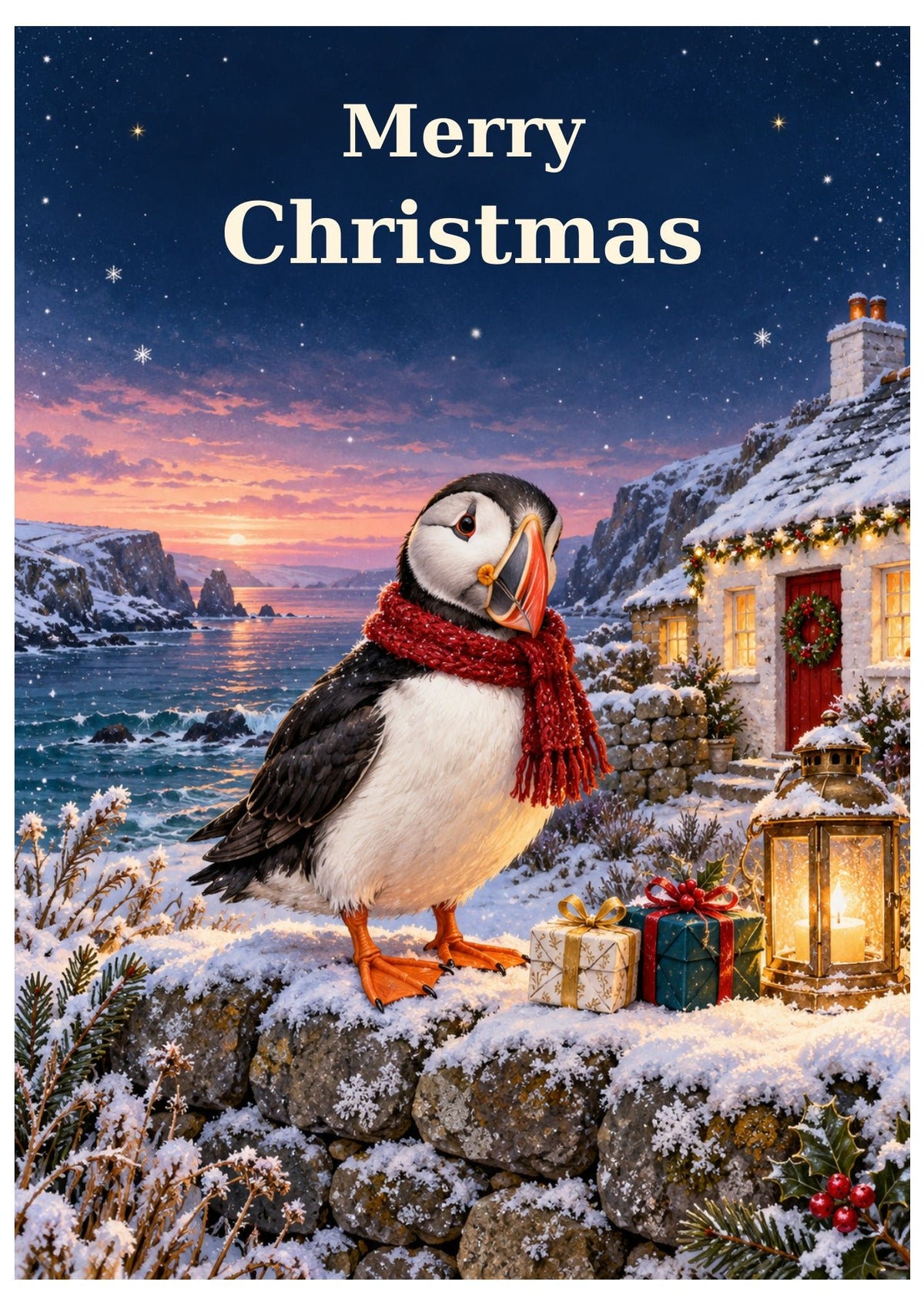 Seaside puffin Christmas card with Merry Christmas lettering.