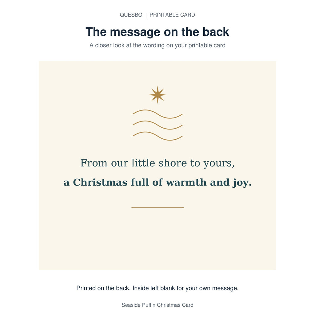 Printed message on the back of the PDF card: From our little shore to yours, a Christmas full of warmth and joy. The inside is blank for your own handwritten message.