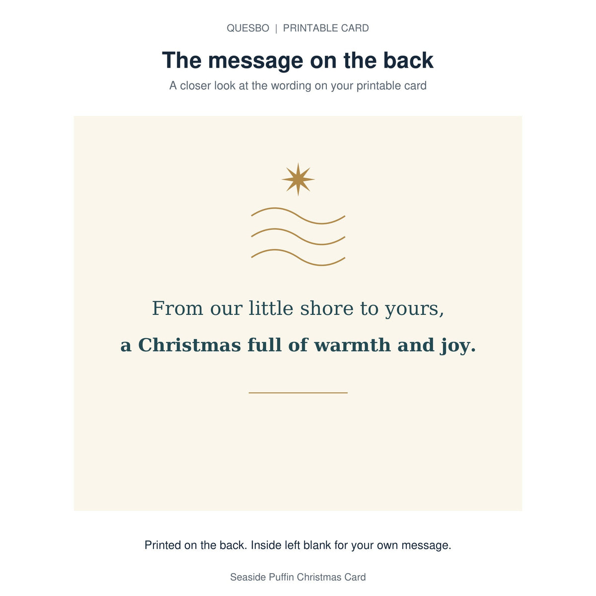 Printed message on the back of the PDF card: From our little shore to yours, a Christmas full of warmth and joy. The inside is blank for your own handwritten message.