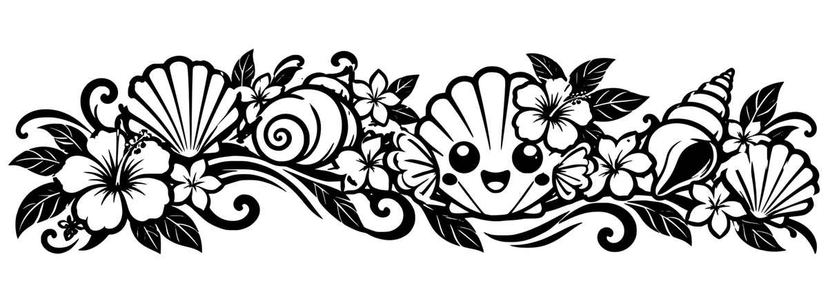 Shell Reef Garland black-and-white panoramic engraving design with tropical craft-inspired motifs; design only