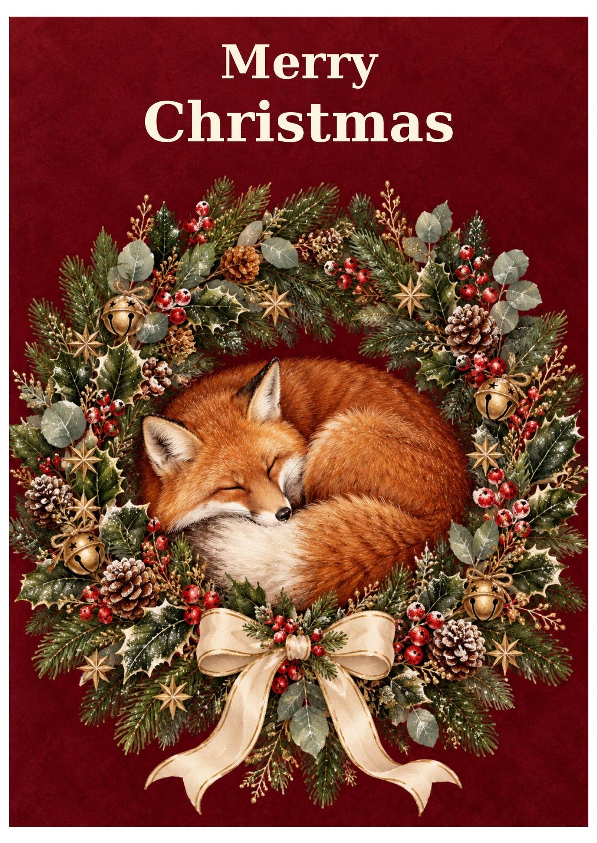 Sleeping fox Christmas card with Merry Christmas lettering.