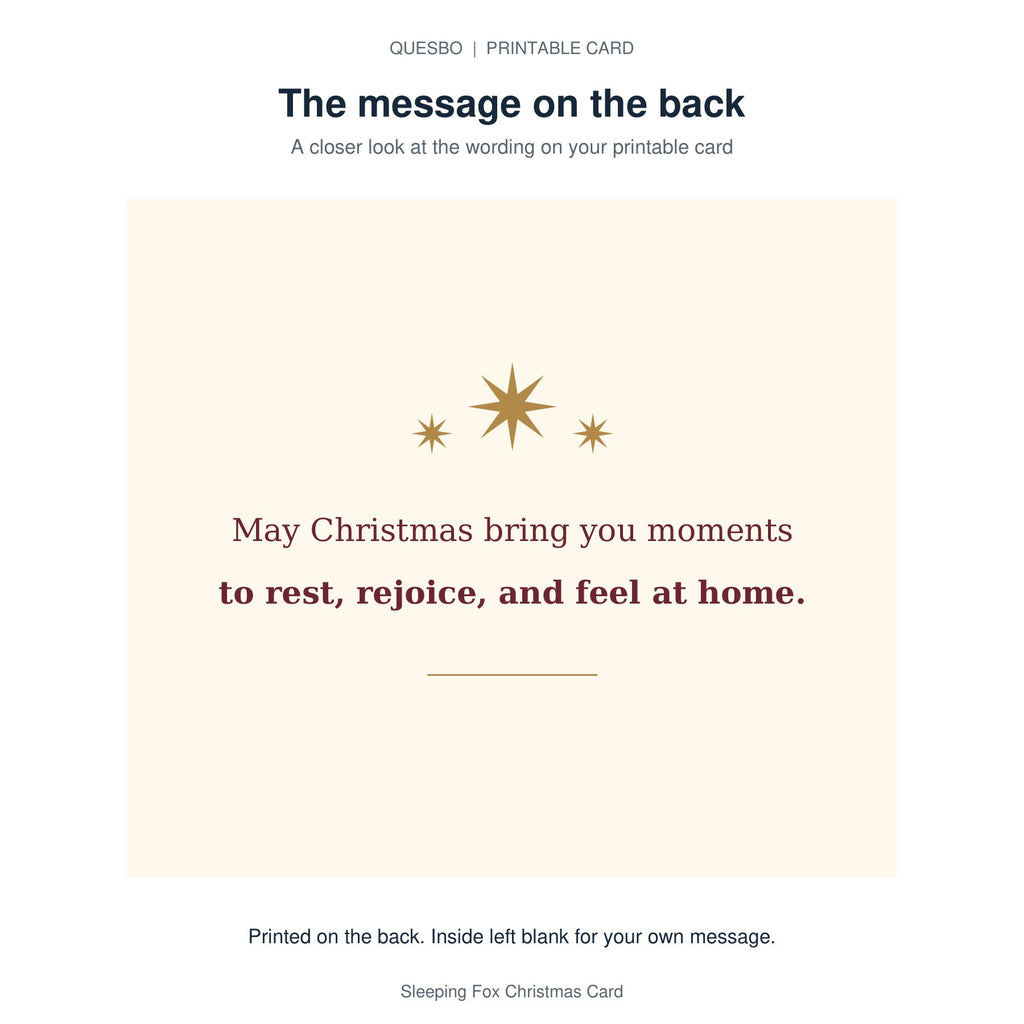 Printed message on the back of the PDF card: May Christmas bring you moments to rest, rejoice, and feel at home. The inside is blank for your own handwritten message.