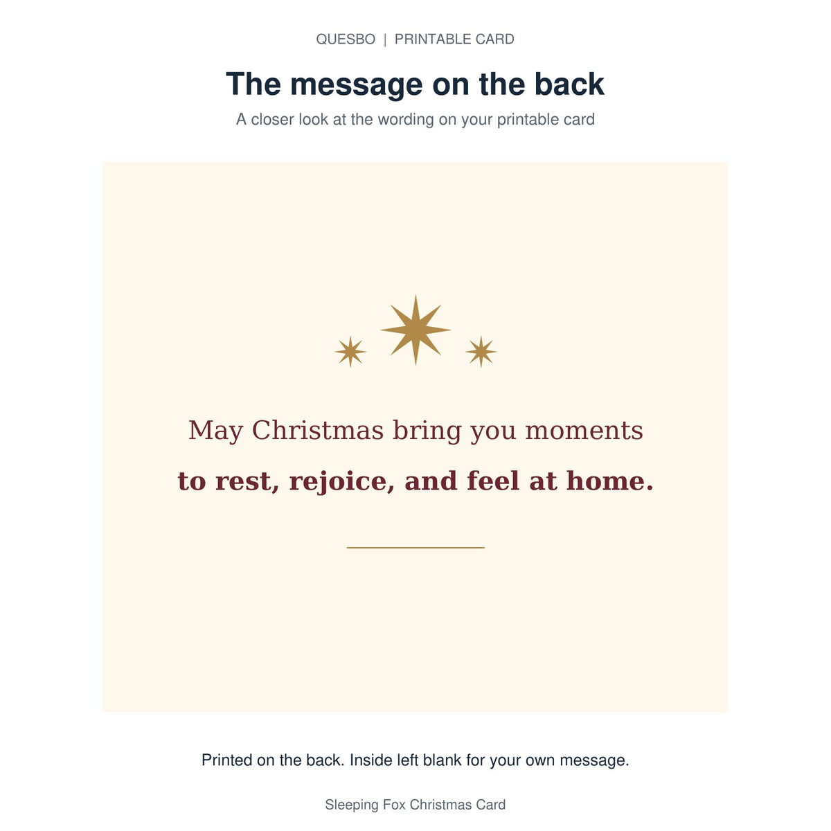 Printed message on the back of the PDF card: May Christmas bring you moments to rest, rejoice, and feel at home. The inside is blank for your own handwritten message.