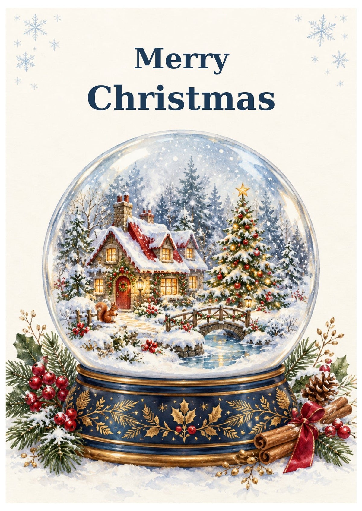 Snow globe containing a snowy cottage and Christmas tree, beneath Merry Christmas lettering.