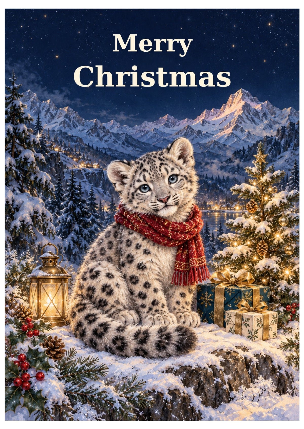 Snow leopard Christmas card with Merry Christmas lettering.