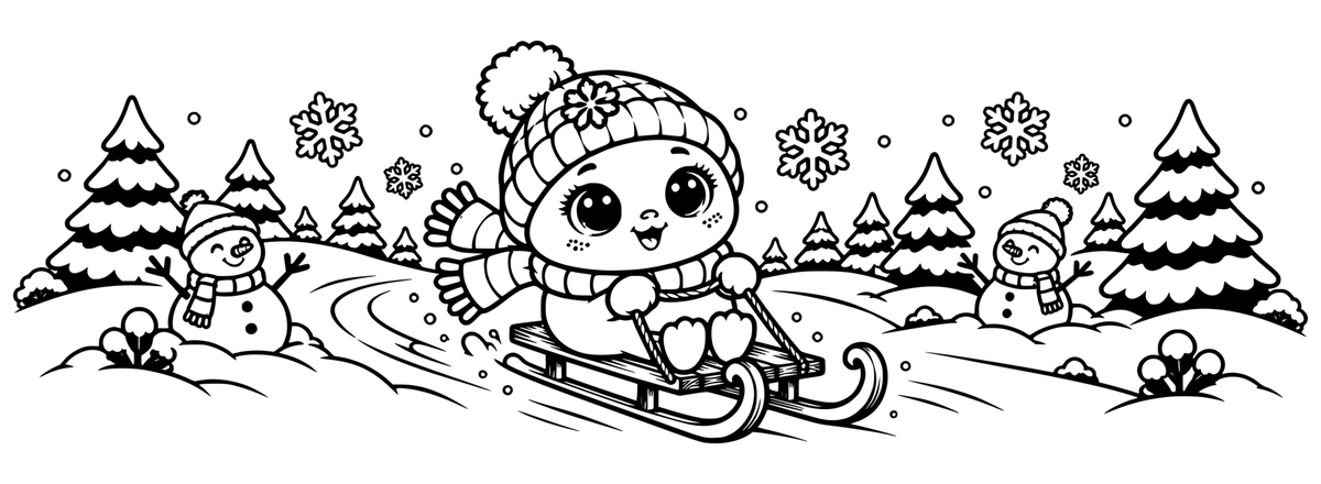 Snowflake Sled Parade — flat black-and-white 360-degree laser engraving artwork. A cosy snow sprite takes a joyful sled ride through snowy hills and winter friends.