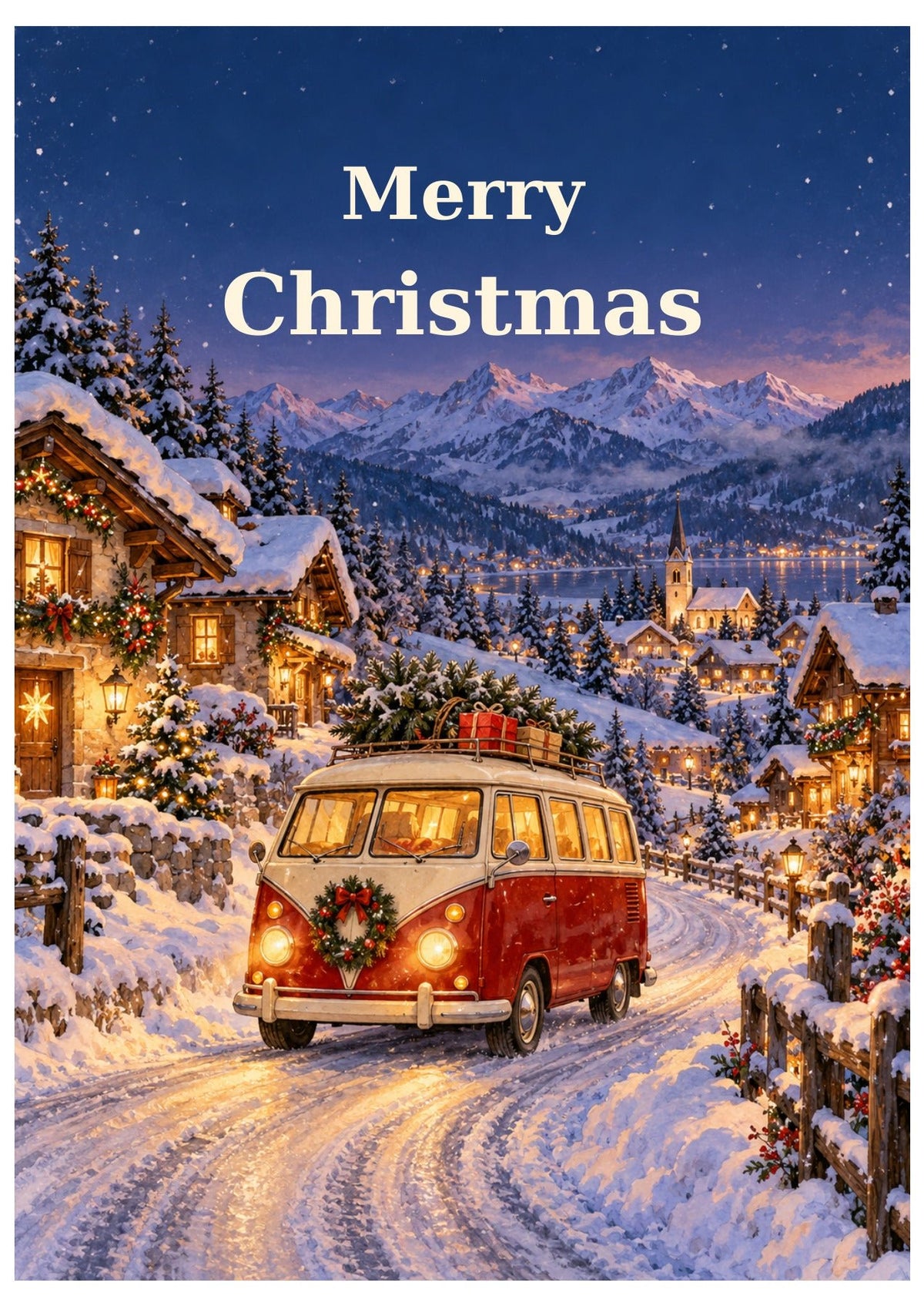 Red campervan on a snowy village road beneath mountains, with Merry Christmas lettering.