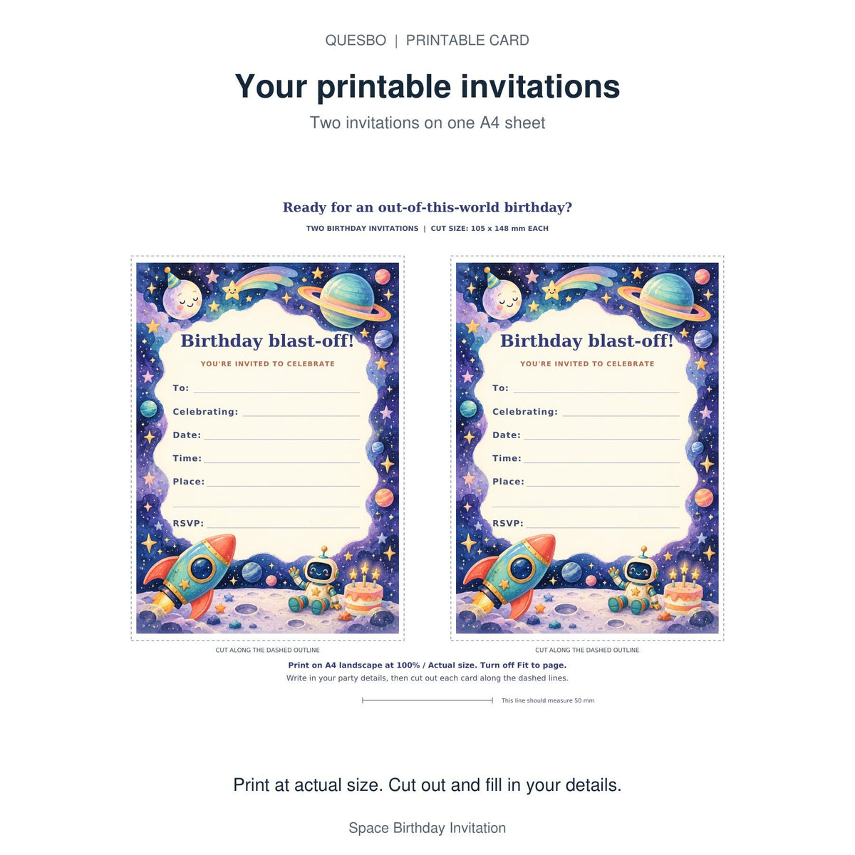 PDF print layout for Space Birthday Invitation, showing two invitations and the wording and blank event-detail fields.