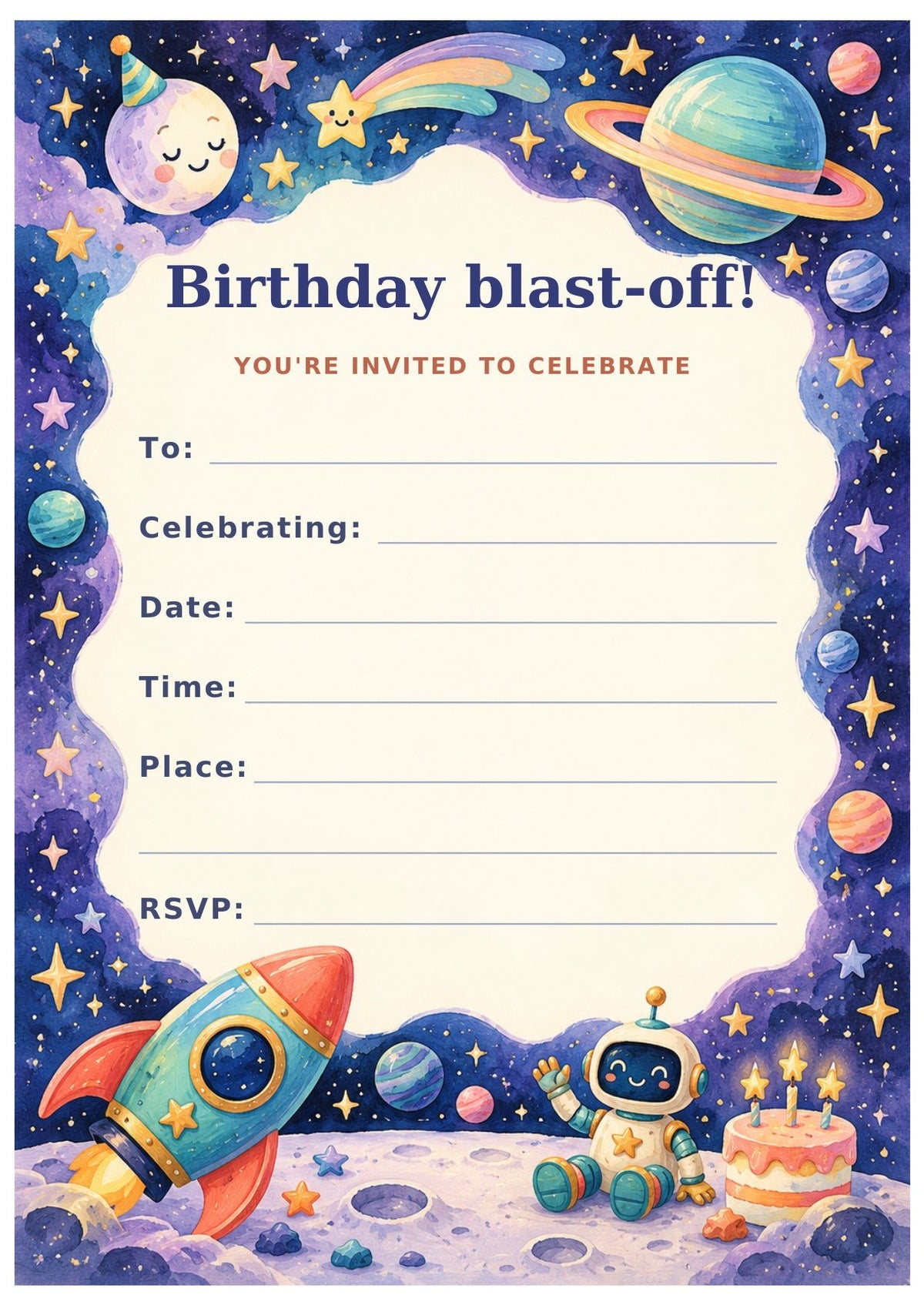 Space birthday invitation with planets, stars, a rocket, a robot and Birthday blast-off! lettering.