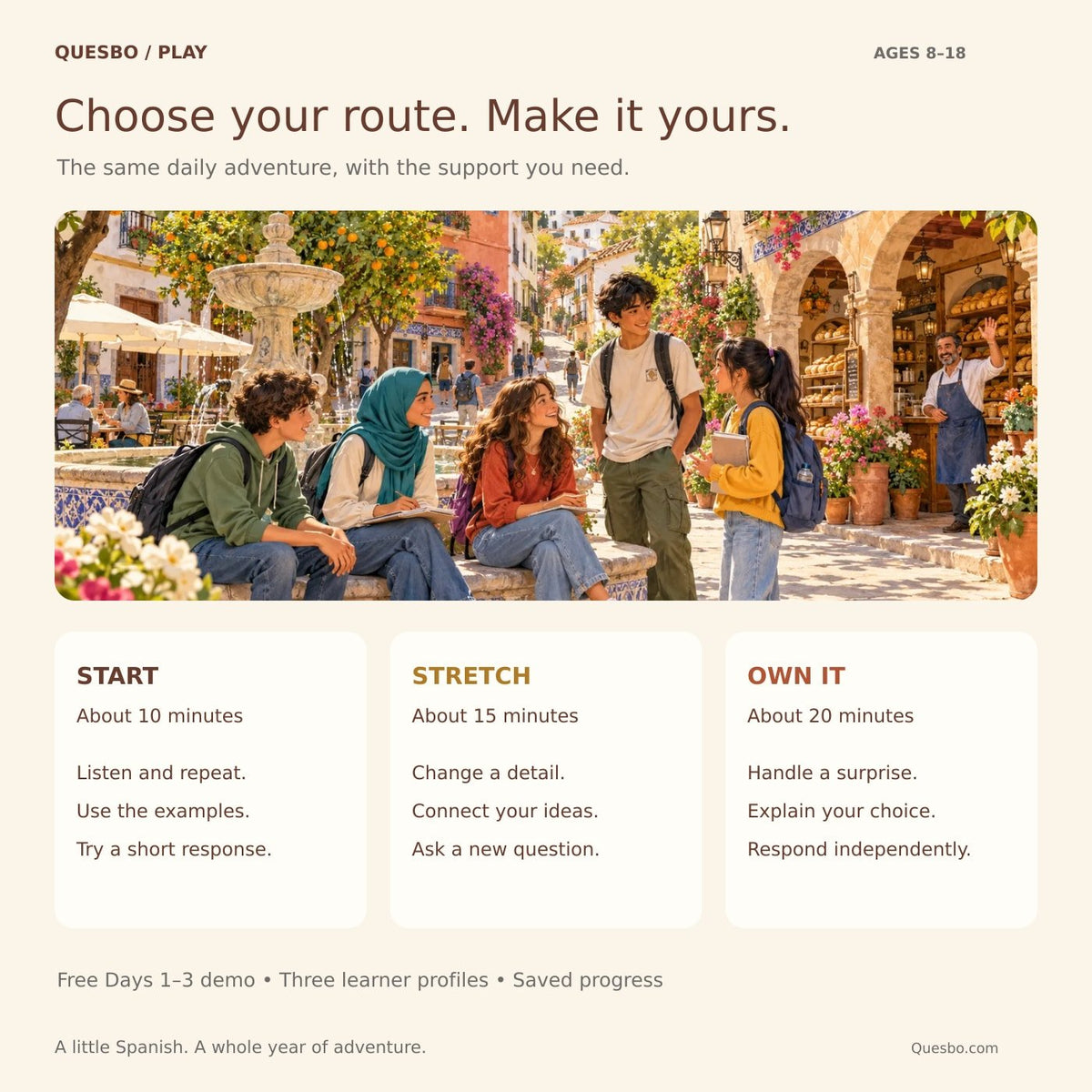 Spain Quest 365 — three learning routes: Start, Stretch and Own It