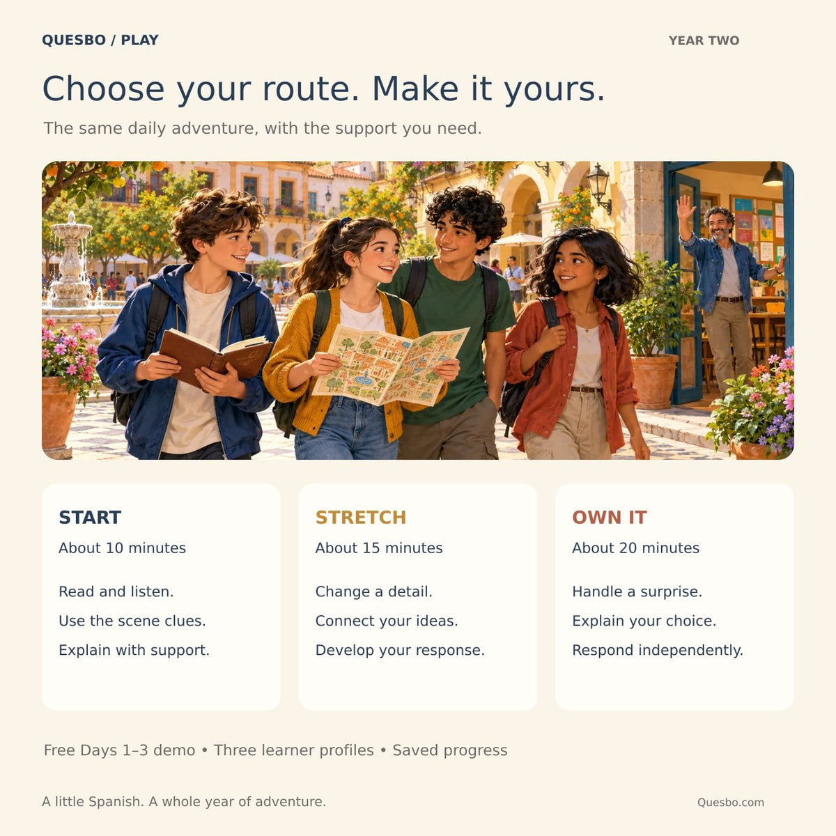 Spain Quest 365 — One Year Later: three practice routes with English and audio support
