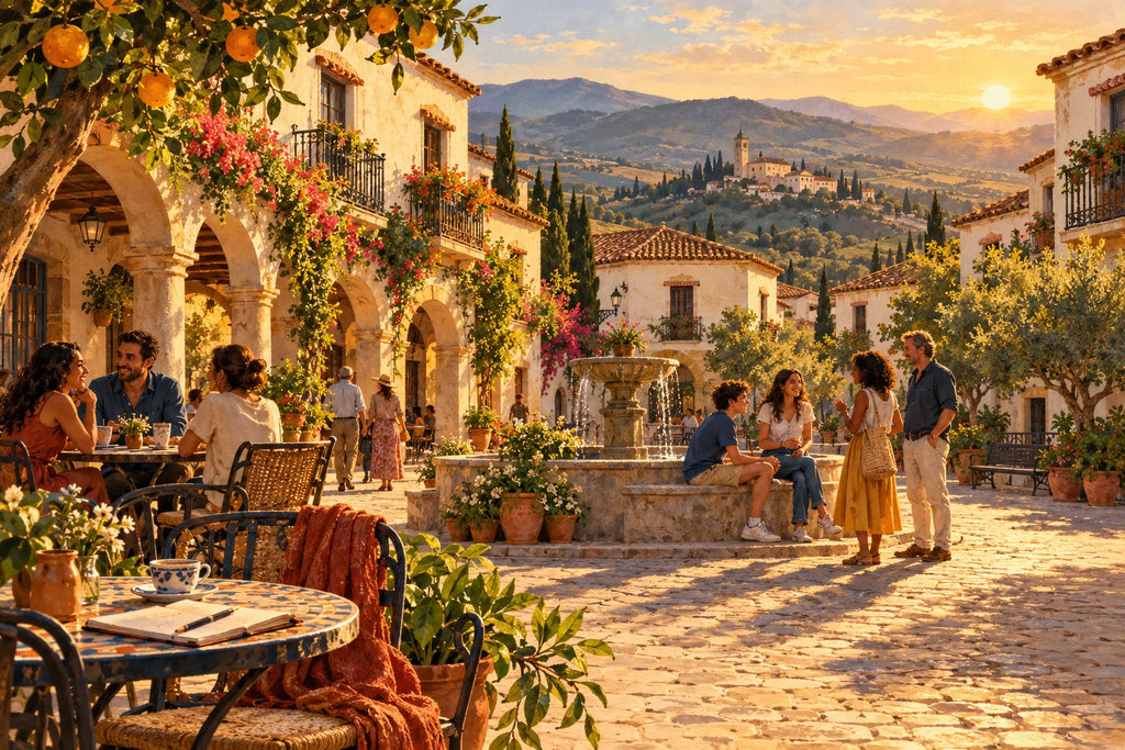 Spain Quest 365 — Two Years Later: a welcoming plaza in fictional Valdeluz