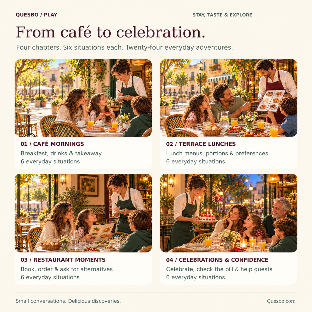 Four Spanish café and restaurant chapters, each with six everyday situations