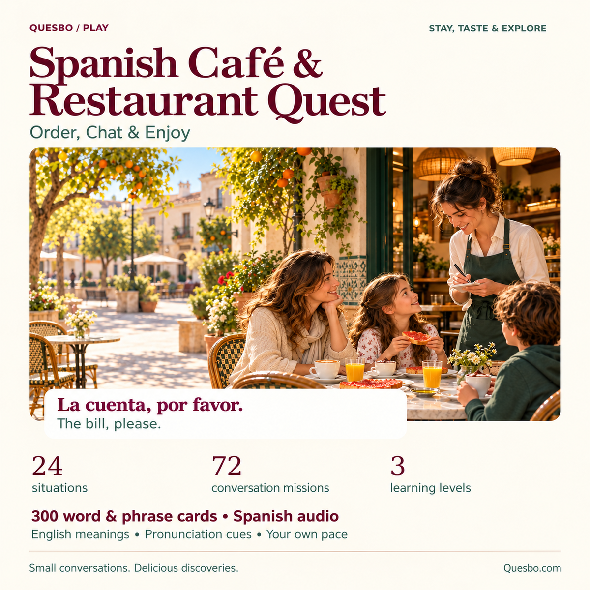 Spanish Café & Restaurant Quest — Order, Chat & Enjoy: 24 situations, 72 conversation missions, 3 levels, 300 cards and Spanish audio