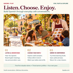 Listen, choose a reply and follow either conversation branch, with three learner profiles and a free first-situation demo