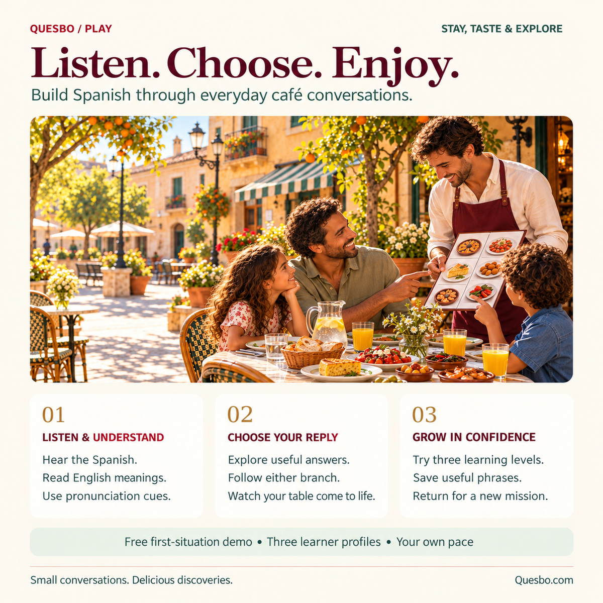 Listen, choose a reply and follow either conversation branch, with three learner profiles and a free first-situation demo