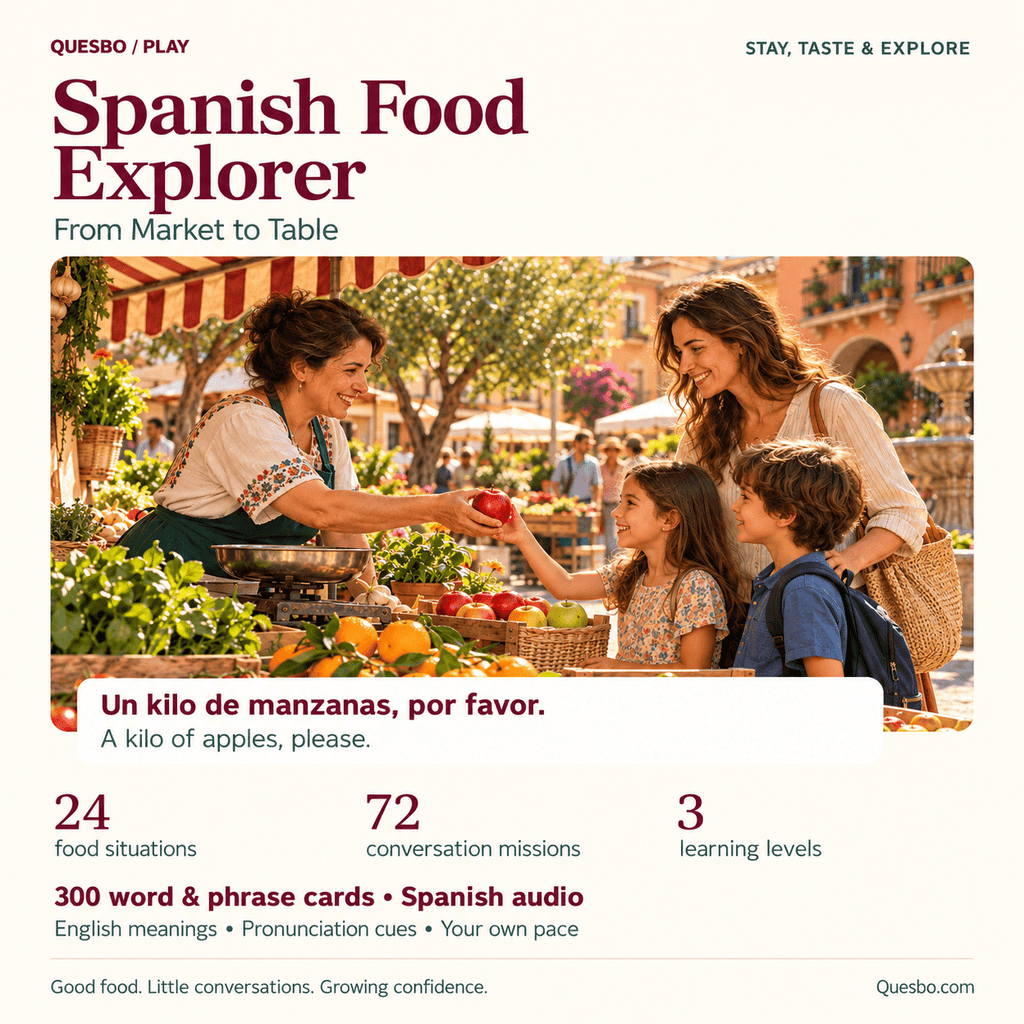 Spanish Food Explorer — From Market to Table: branded Quesbo Play cover showing a family at a Spanish market, with 24 food situations, 72 missions, 3 levels, 300 cards and Spanish audio.