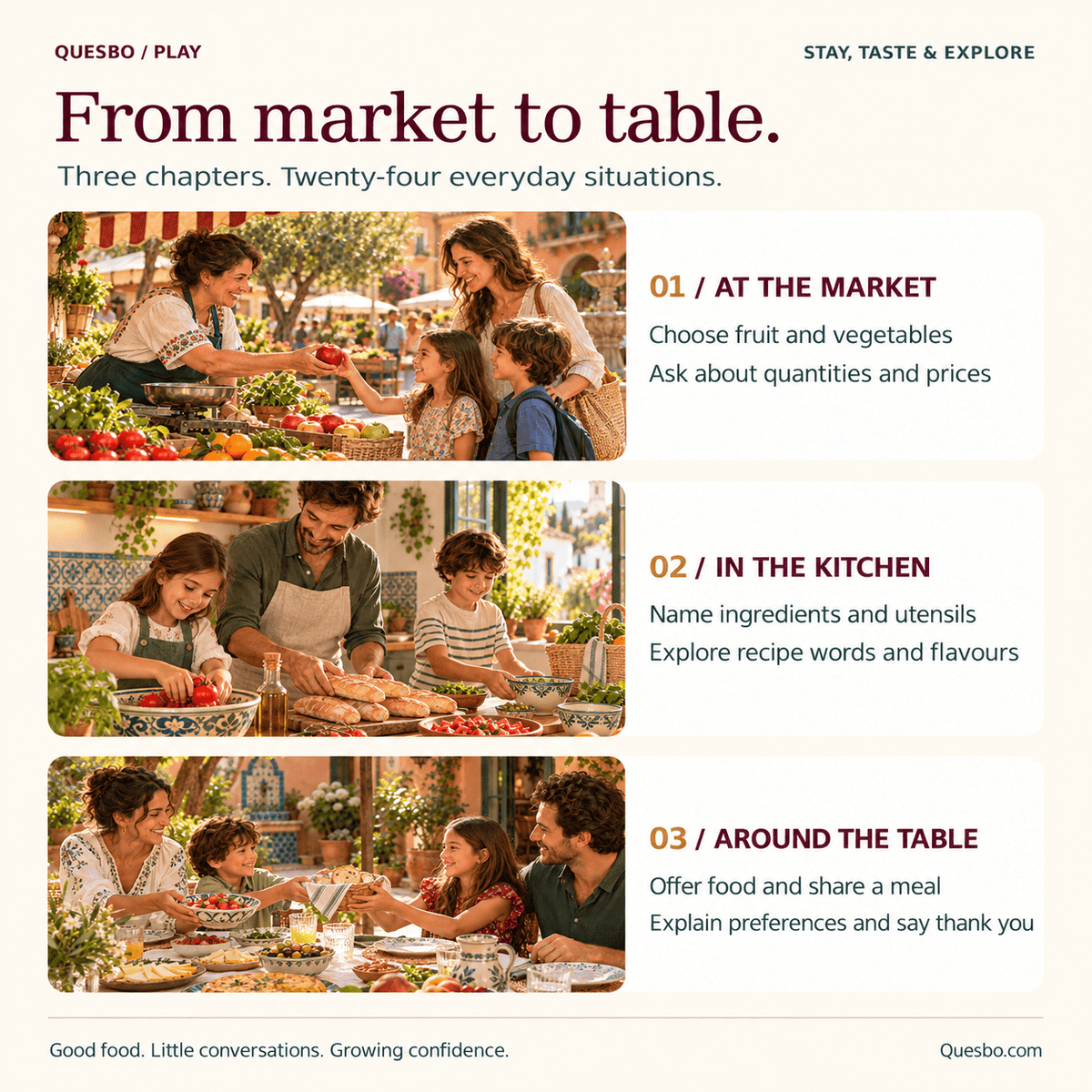 The three Spanish Food Explorer chapters: At the market, In the kitchen and Around the table, illustrated with shopping, preparing food and sharing a meal.