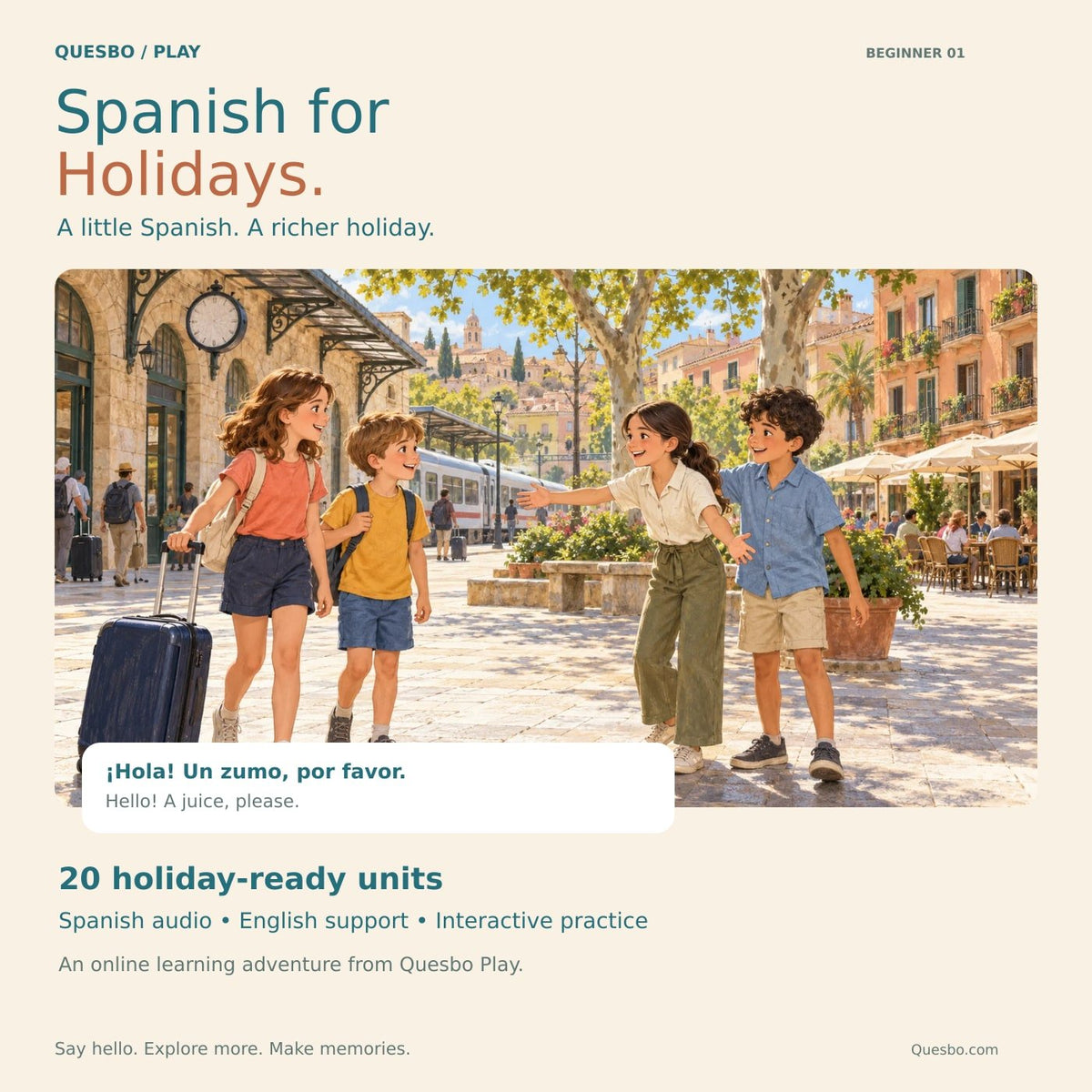 Spanish for Holidays from Quesbo Play: a beginner course for Spain with Spanish audio and English support