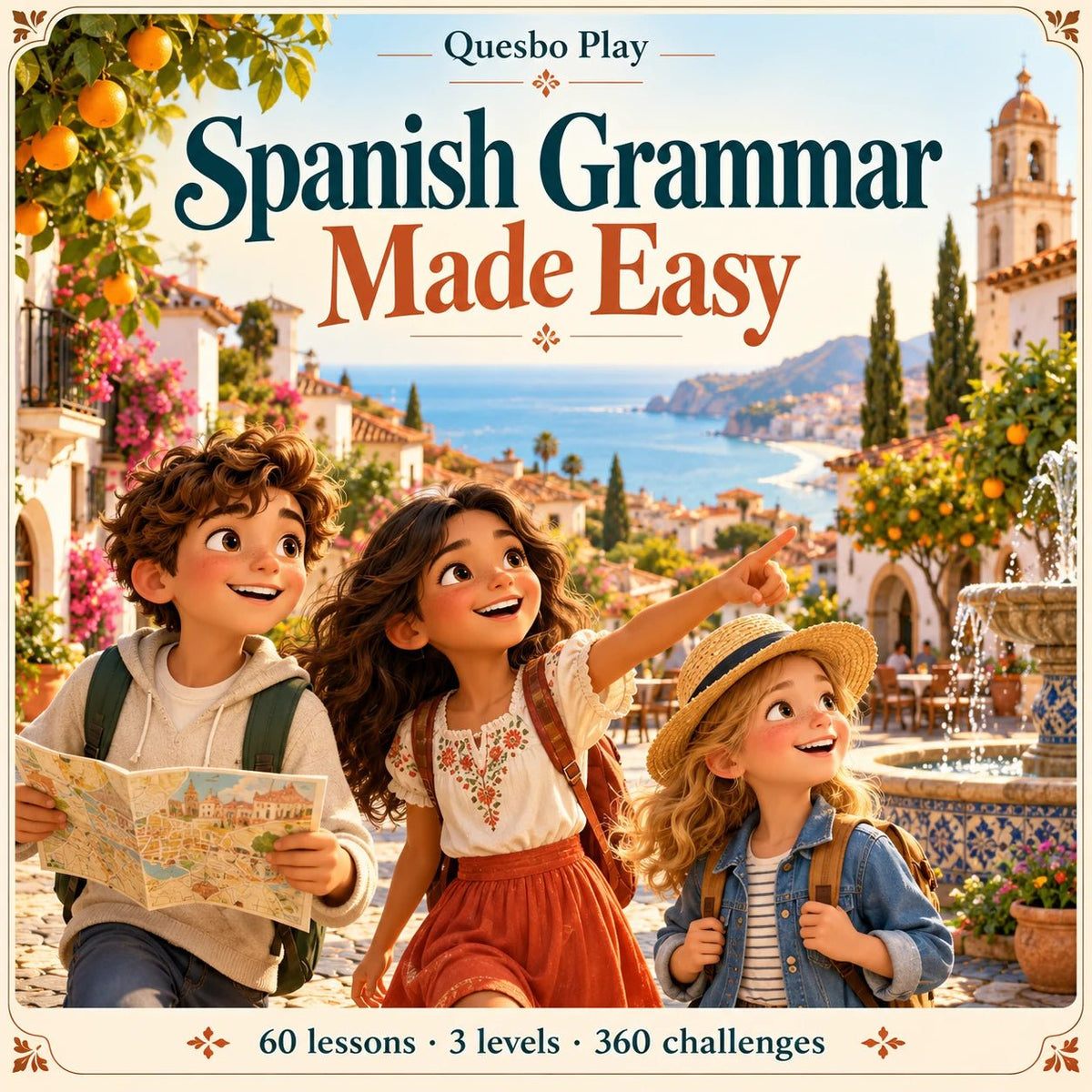 Spanish Grammar Made Easy cover with illustrated children in a Spanish plaza, sixty lessons, three levels and three hundred sixty challenges.