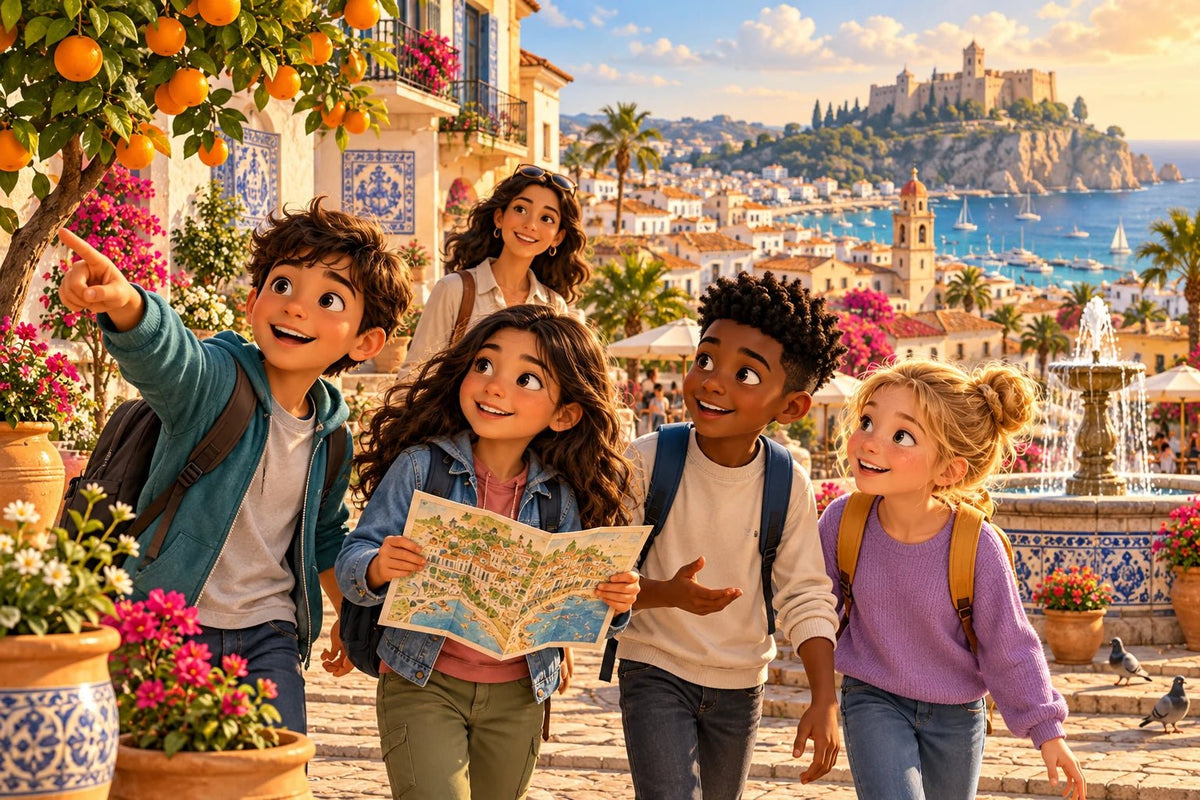 Children explore a sunny Spanish coastal plaza with orange trees, a fountain and a Mediterranean harbour.