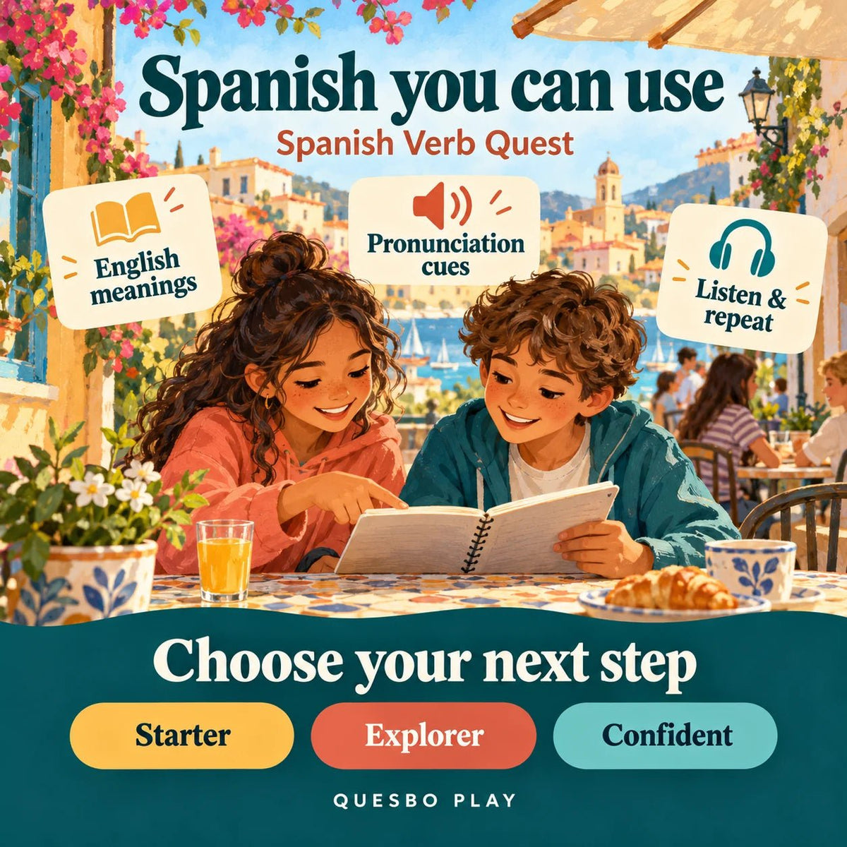 Spanish Verb Quest includes English meanings, pronunciation cues, listening practice and Starter, Explorer and Confident routes.